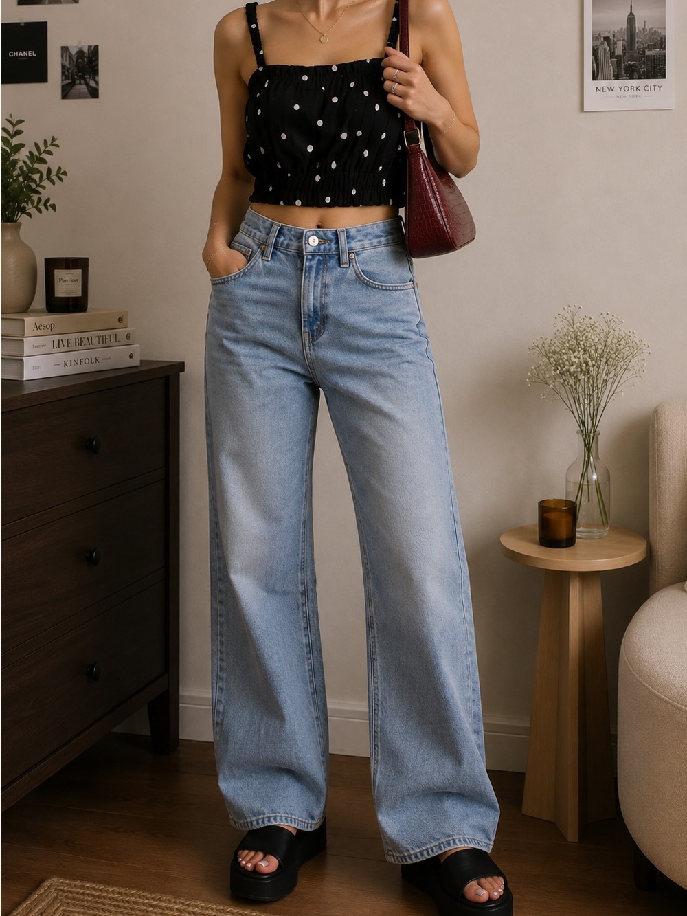 H&M Black Crop Top with White Polka Dots